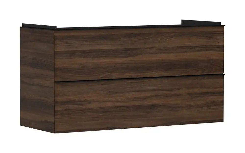 Waschtischunterschrank in Holzoptik mit zwei Schubkästen, designed von Hansgrohe. Die Oberfläche zeigt eine dunkle Nussbaumstruktur.